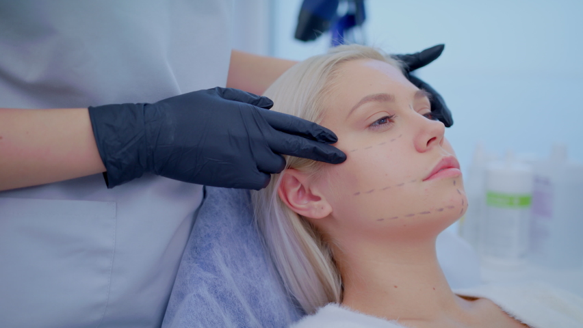 Close Up Portrait Young Caucasian Blonde Beautiful Woman Aesthetic Medicine Syringe Anti Age Hyaluronic Acid Collagen Cosmetology Concept Hands Withs Black Gloves Slow Motion | Shutterstock HD Video #1061170279