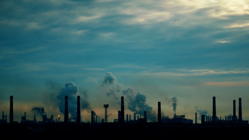 Destruction of the ozone layer. Chimneys release gas and smoke background. Metallurgical industrial factory. Poisoned air. Epic pollution of nature. Toxic substances. | Shutterstock HD Video #1061171035