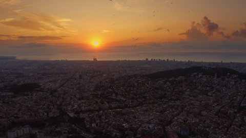 Aerial view on Daybreak sunlight over Barcelona city skyline with morning birds