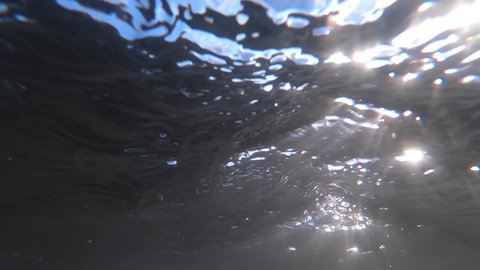 Underwater view. Fast movement of water with moving rays of sun on surface of and in water. Camera is located below water level. Sun shines through water. Abstract scene Natural environment background
