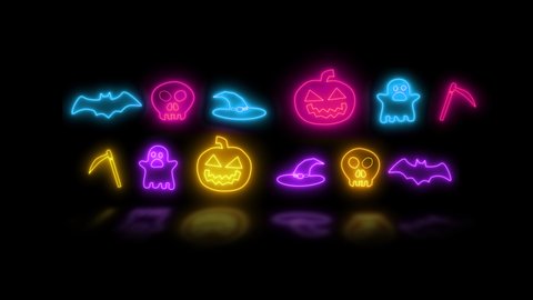 Happy Halloween banner or party invitation background with neon light Halloween neon sign collection. Halloween Party Design template.