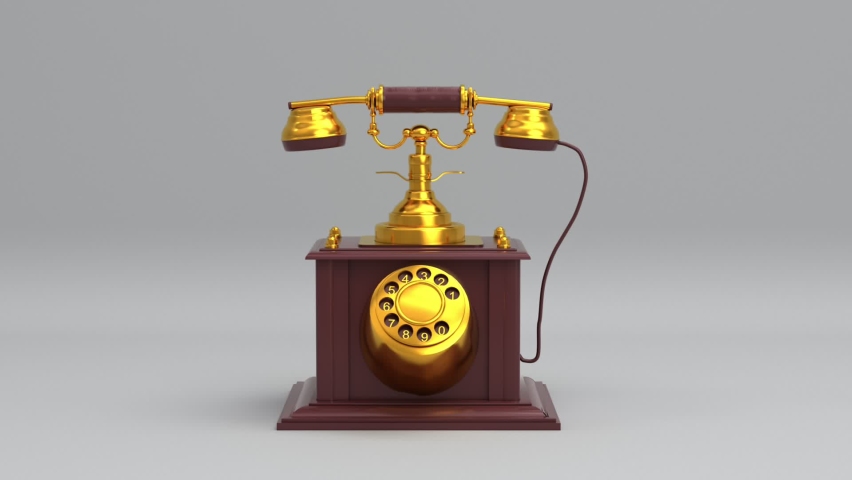 Rotating brown and gold vintage old wood telephone with cord seamless looping animated background, antique phone communication technology concept 3d render video hd 1080p.