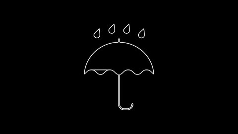 White line Umbrella and rain drops icon isolated on black background. Waterproof icon. Protection, safety, security concept. Water resistant symbol. 4K Video motion graphic animation