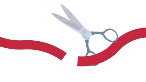 Animation of scissors cutting red tape, alpha channel enabled. Cartoon
