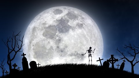 Animated Skeleton Dancing in the Graveyard with Full Moon. 3D Illustration.  Moon image courtesy of NASA.