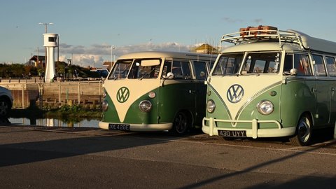 Littlehampton, West Sussex, UK, October 11, 2020. Two Volkswagen Camper Vans in very good condition for these classic historic vehicles.
