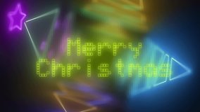 Merry christmas wish text with old digital font. background is lot of colors and same mosaic is rotating