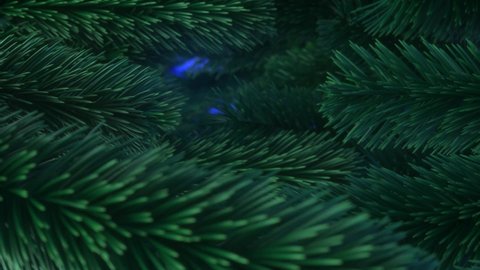 New year and Christmas 2021 background. Christmas tree branch. Shallow depth of field. Needles on the branches. Camera movement. Close up. 3d rendering animation