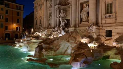 Trevi Fountain (Italian: Fontana di Trevi) at night in Rome, Italy, Baroque city landmark from 1762