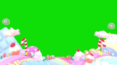 Looped sweet candy land on green screen background animation.