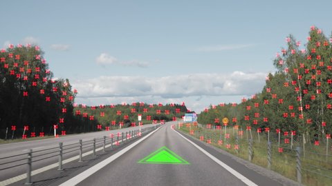 Augmented reality POV shot of self-driving car concept. Location: northern Sweden, Scandinavia.