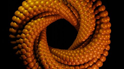 Abstract futuristic corn seeds pattern, Moving dark futuristic backgound. Shiny spiral moving glossy spheres. 4K 3D loop interesting animation.
