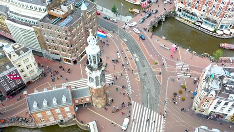 Arial Shot of The Munttoren (Munt Tower) In The Inner-City Of Amsterdam