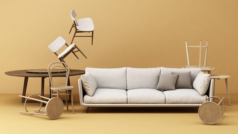 A lot of Chairs and coffee table wooden texture with fabric in  colour tone background and geometric shape abstract composition 3d rendering looped animation