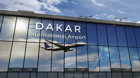 Jet aircraft landing at Dakar, Senegal 3D rendering animation. Arrival in the city with the glass airport terminal and reflection of the plane. Travel, business, tourism and transport concept.