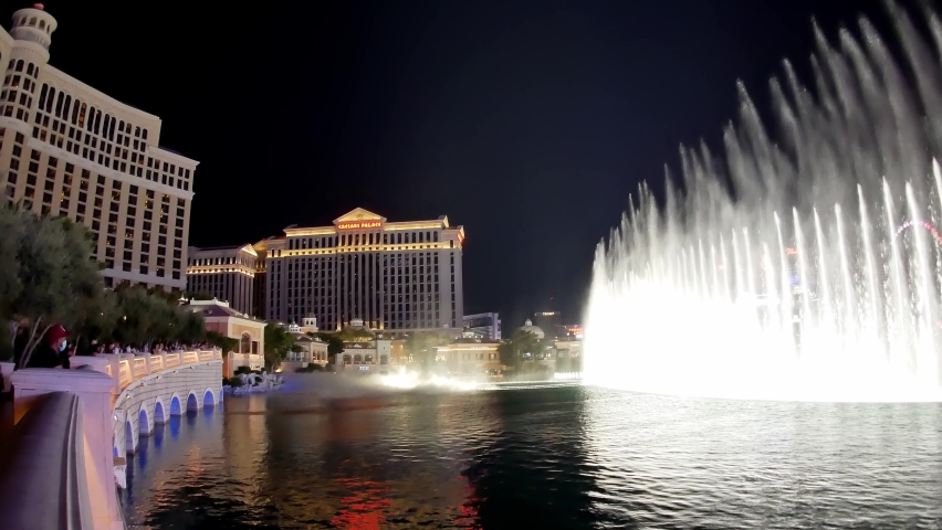 Las Vegas, SEP 25, 2020 - Night view of the Bellagio fountain water dance