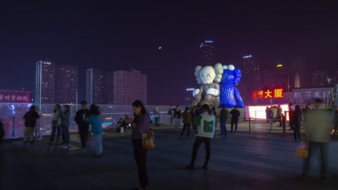 CHANGSHA, CHINA - OCTOBER 1 2019:  night illuminated changsha city downtown famous mall art modern monument rooftop panorama timelapse 4k circa october 1 2019 changsha, china.