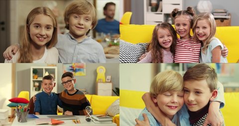 Collage of happy children indoor. Pretty little girls sitting on couch. Two small brothers hugging in room. Cheerful boys sitting at desk in playroom. Sister and brother at table at home. Kids concept