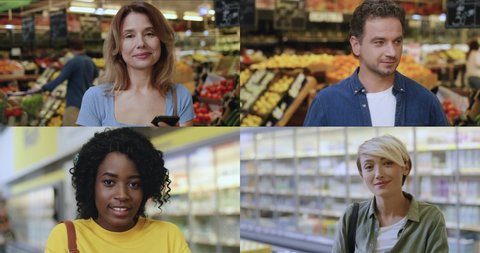 Multiscreen on happy smiling Caucasian people of diverse gender standing in grocery. Collage of front view of joyful multinational men and women in supermarket with food on background Close up concept