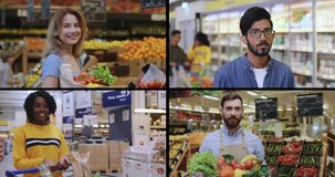 Collage of joyful multinational men and women in supermarket with food on background. Happy smiling persons standing in grocery with vegetables. Food store workers with products. Close up concept