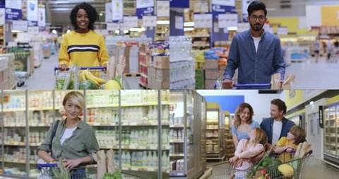 Joyful men and women of different races in supermarket buying food. Multiscreen on happy multinational people of diverse gender and age standing with shopping cart in good mood. Grocery concept