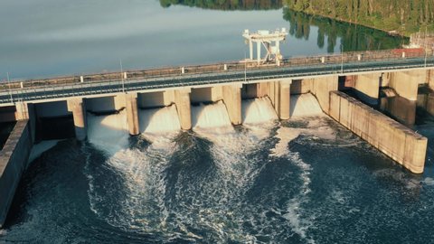 Hydroelectric dam, aerial view from drone