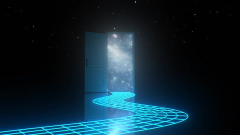 Abstract Aesthetic Vaporwave Door Open to Space Stars Neon Path - 4K Seamless Loop Motion Background Animation