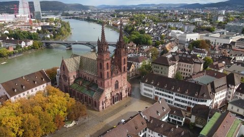 The Cathedral of Basel in the historic district view from above by a drone
