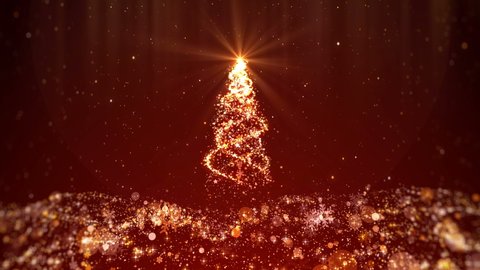 Red glittering christmas background looped with christmas tree shiny lights, snowflakes, star and particles moving down. 4K video motion graphic background.