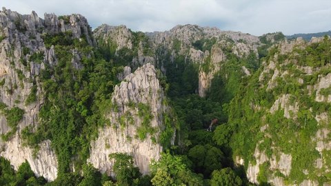 Aerial view of Limestone mountains in in Ban mung, Noen Maprang district, Phitsanulok, Thailand by drone