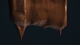 Chocolate bar with melted dark chocolate dripping over dark brown background. Confectionery concept backdrop. Melted premium chocolate flowing. Sweet dessert. 4K UHD video, slow motion Ключевые слова: