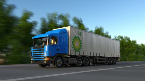 Moving trailer truck with Bp company logo on the side, editorial looping 3d animation
