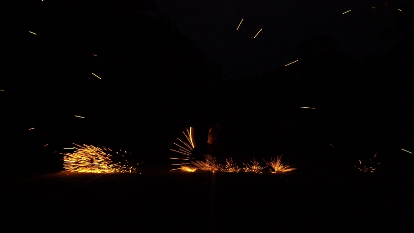 Man spinning fire burning steel wool for photography performance at night - Powered by Shutterstock - Get 15% off with code: PIKWIZARD15