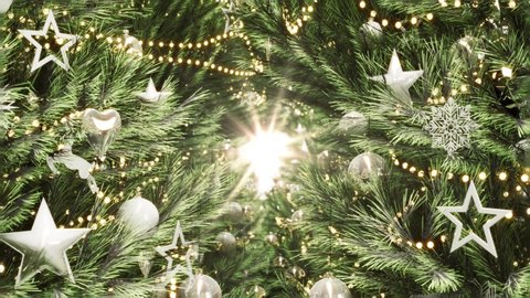 Christmas Tree Decorations. Close up a Christmas tree lights. Many Christmas trees. Loop video animation