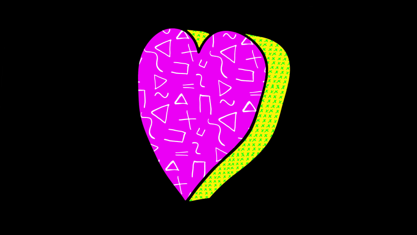 Seamless funny animation of extruded heart shape in comic style, fluorescent textures and patterns. 3D backdrop with a doodle cartoon illustration look in stop motion isolated with alpha channel. Royalty-Free Stock Footage #1061262877