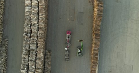 Log piles in wood terminal crane unloading timber from logging truck aerial view