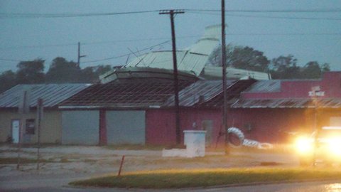 Gueydan, LA  USA - October 9, 2020: Hurricane Delta Wind Rips Roof Off Of A Business