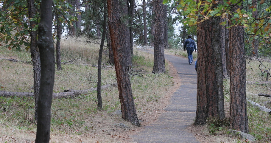 Women hiking trail around Devils Tower Wyoming 4K. 1,267 feet tall igneous rock tower in Black Hills of South Dakota and Wyoming. United States National Monument. Recreation, tourism, vacation.