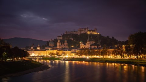 Night to Day time-lapse of Salzburg Historic town center, Austria