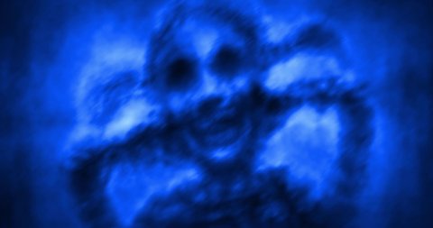 Small girl walks along dark corridor and creepy smiles, revealing her skull. Scary animation with devilish character. Black and blue background for Halloween. Motion graphics in horror fiction genre. 