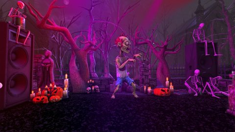 Seamless animation of a zombie thriller dancing in a party at a graveyard with skeletons and pumpkins. Funny cartoon character for Halloween background.