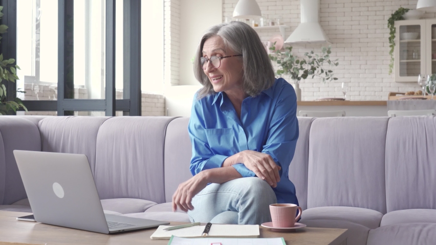 Senior older business woman distance teacher, coach, therapist, talking by video conference call giving web training, live webinar, virtual counseling chat meeting on laptop working from home office. Royalty-Free Stock Footage #1061284717