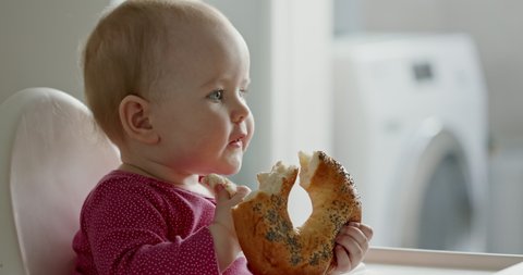 Cute baby eating bun at home. Side view of adorable toddler kid biting piece of bun with poppy seeds while sitting at table at home