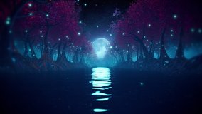 Sci-fi futuristic forest seamless loop with river, mangrove trees and alien technology. Flythrough in night landscape with bright moon and glowing rings. 3D animation for EDM music video, DJ set, club
