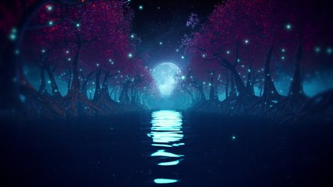 Sci-fi futuristic forest seamless loop with river, mangrove trees and alien technology. Flythrough in night landscape with bright moon and glowing rings. 3D animation for EDM music video, DJ set, club - Βίντεο στοκ