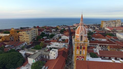Aerial view of the Old Town of Cartagena at sunset, Cartagena de Indias, Bolivar Department, Colombia. 