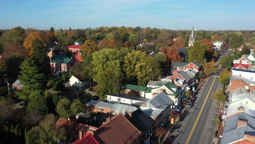 Low aerial views of Shepherdstown, WV on an autumn morning.