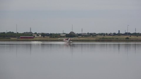 Wichita Falls, Texas, USA. 21 of October, 2020. View of seaplane taking off for flight from Lake Wichita.