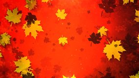 Falling Autumn Leaves with Particles 4K Loop features various size and colored leaves falling against a burnt orange background with a dusting of particles as well in a loop