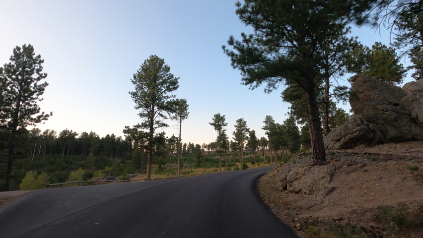 Black Hills South Dakota Autumn pine forest drive POV fast motion 4K. Black Hills of South Dakota. Mountain, valley, landscape scenic discovery. State Park with wildlife, lakes, campgrounds and picnic